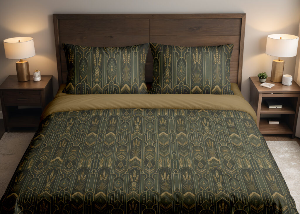 Front close view of dark juniper-green bedding with repeating fine ochre geometric arches, elongated leaf shapes and wheat-like stems on the cover and matching pillows.