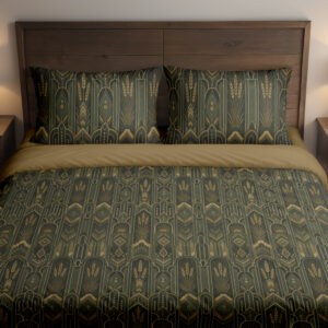 Front close view of dark juniper-green bedding with repeating fine ochre geometric arches, elongated leaf shapes and wheat-like stems on the cover and matching pillows.