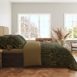 Side view of dark juniper-green bedding with repeating fine ochre geometric arches, elongated leaf shapes and wheat-like stems, showing the print across the draped cover.