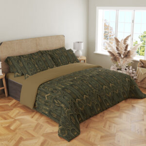Angled full-bed view of dark juniper-green bedding with repeating fine ochre geometric arches, elongated leaf shapes and wheat-like stems, showing the pattern across the cover and pillows.