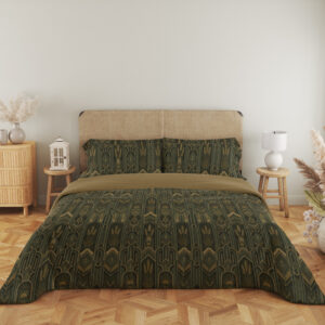 Full front view of dark juniper-green bedding with repeating fine ochre geometric arches, elongated leaf shapes and wheat-like stems beneath a beige headboard.