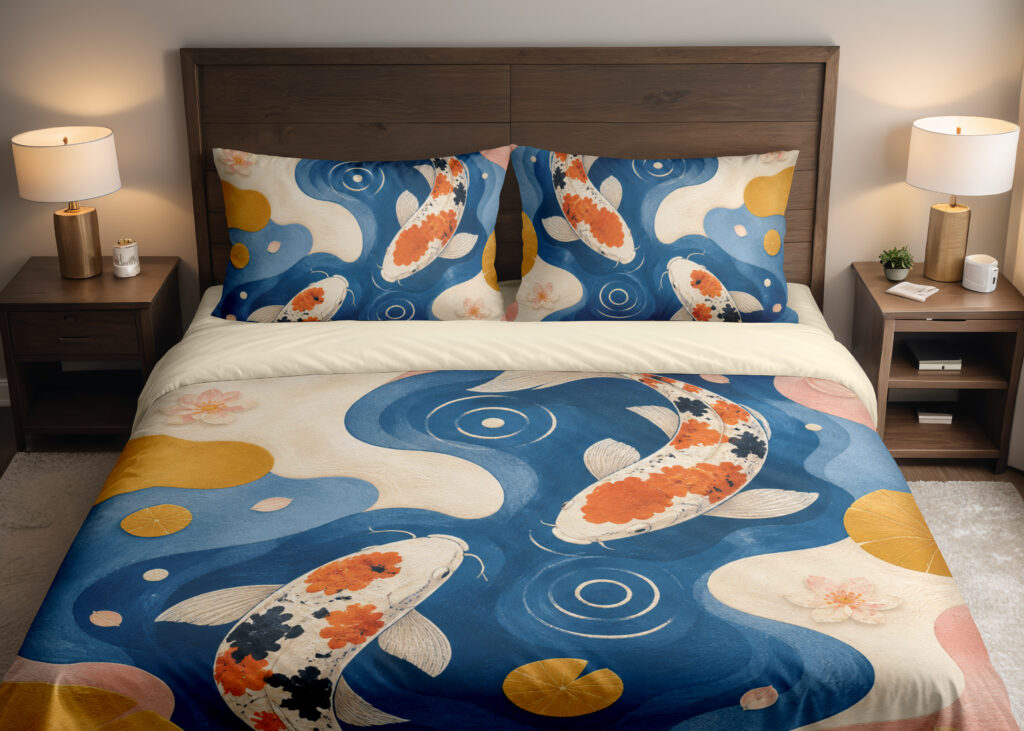 Front close view of blue bedding printed with orange, black and white koi, circular ripples, mustard lily pads and flowing cream and pink shapes on the cover and matching pillows.