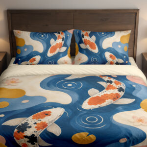 Front close view of blue bedding printed with orange, black and white koi, circular ripples, mustard lily pads and flowing cream and pink shapes on the cover and matching pillows.
