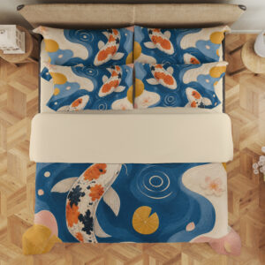 Overhead view of blue bedding printed with orange, black and white koi, circular ripples, mustard lily pads and flowing cream and pink shapes, with the design repeated on the pillows.