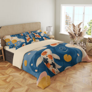 Angled full-bed view of blue bedding printed with orange, black and white koi, circular ripples, mustard lily pads and flowing cream and pink shapes, showing the pattern across the cover and pillows.