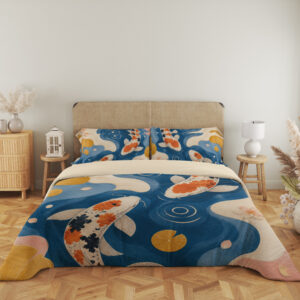 Full front view of blue bedding printed with orange, black and white koi, circular ripples, mustard lily pads and flowing cream and pink shapes beneath a beige headboard.
