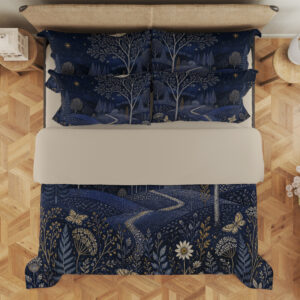 Overhead view of navy bedding printed with a starry woodland landscape, a pale branching tree, winding path and ivory meadow flowers, with the design repeated on the pillows.