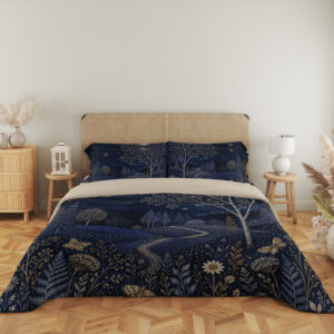 Full front view of navy bedding printed with a starry woodland landscape, a pale branching tree, winding path and ivory meadow flowers beneath a beige headboard.