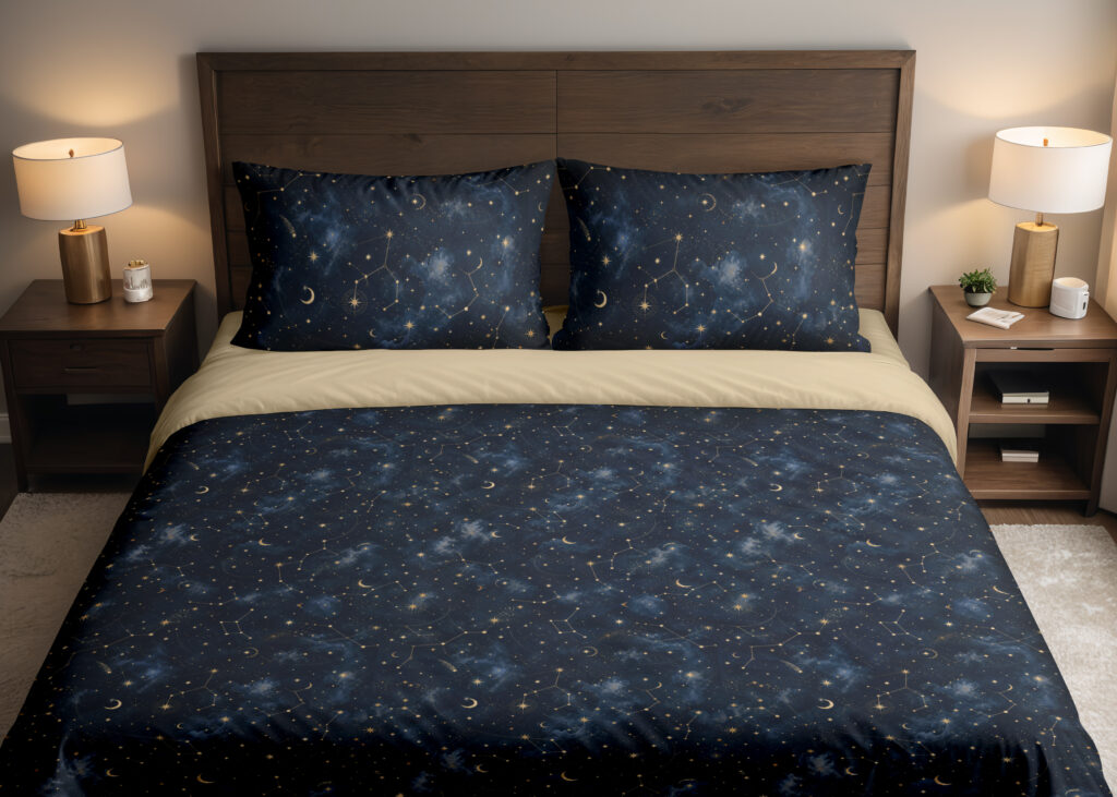 Front close view of deep navy bedding with tiny pale stars, fine constellation lines, crescent moons and soft blue nebula-like patches on the cover and matching pillows.
