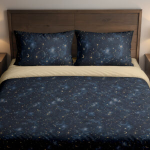 Front close view of deep navy bedding with tiny pale stars, fine constellation lines, crescent moons and soft blue nebula-like patches on the cover and matching pillows.