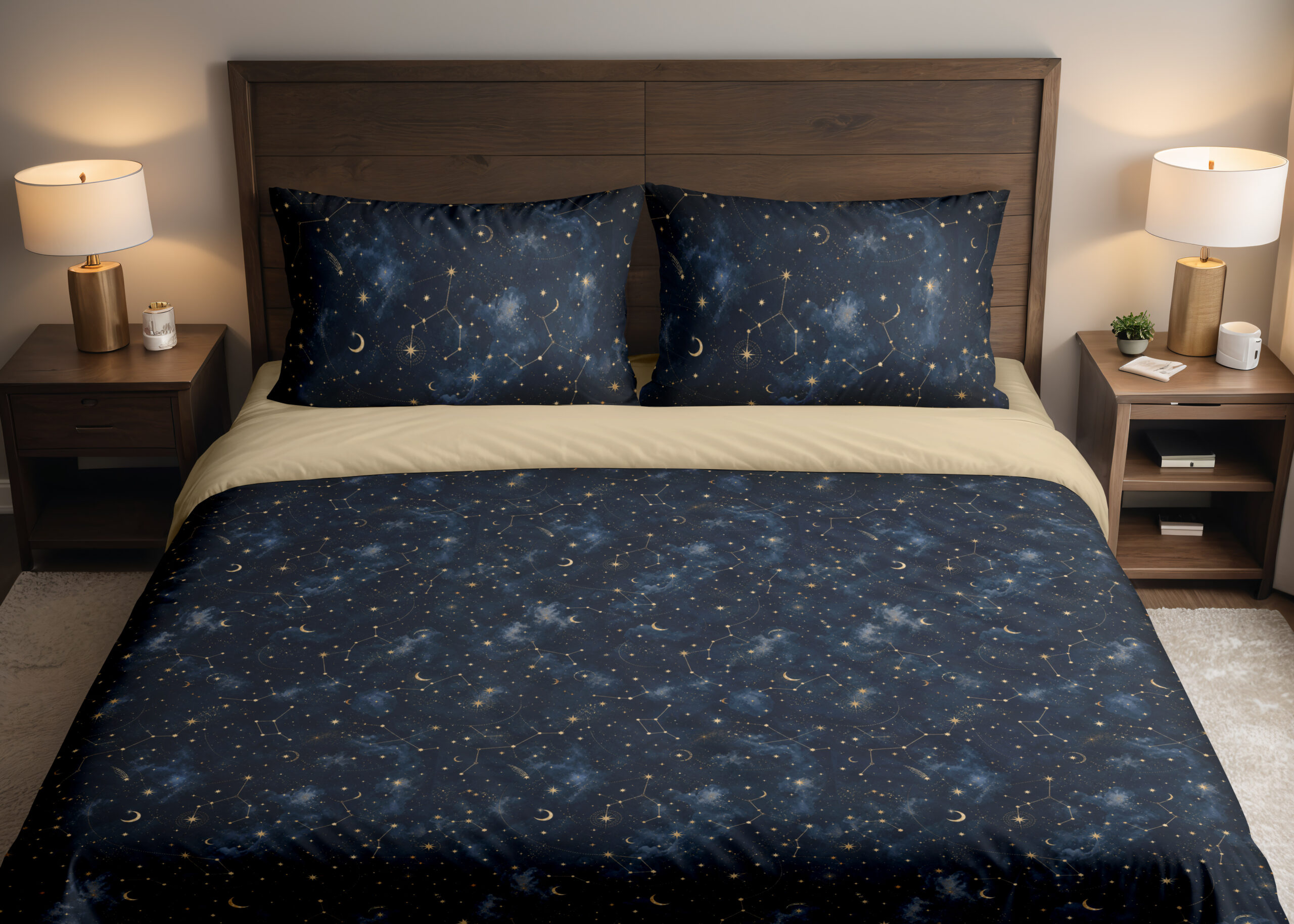 Front close view of deep navy bedding with tiny pale stars, fine constellation lines, crescent moons and soft blue nebula-like patches on the cover and matching pillows.