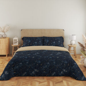Full front view of deep navy bedding with tiny pale stars, fine constellation lines, crescent moons and soft blue nebula-like patches beneath a beige headboard.