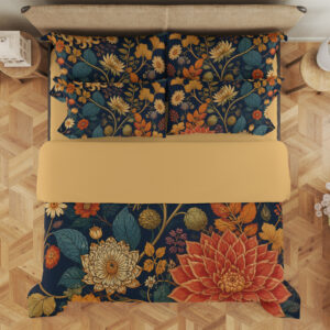 Overhead view of navy bedding printed with large rust-red and ochre chrysanthemums, small cream flowers and teal leaves, with the design repeated on the pillows.