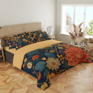Angled full-bed view of navy bedding printed with large rust-red and ochre chrysanthemums, small cream flowers and teal leaves, showing the pattern across the cover and pillows.