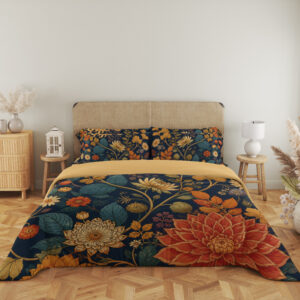Full front view of navy bedding printed with large rust-red and ochre chrysanthemums, small cream flowers and teal leaves beneath a beige headboard.