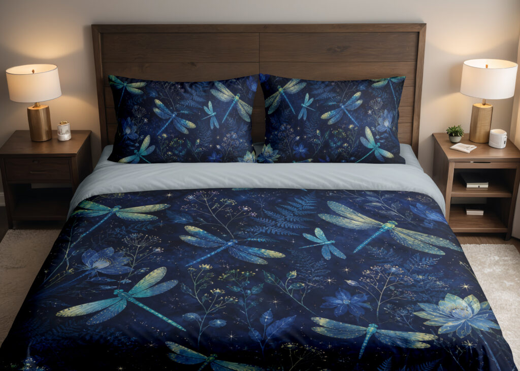 Front close view of navy bedding printed with turquoise and pale green dragonflies among blue flowers and fine botanical sprigs on the cover and matching pillows.