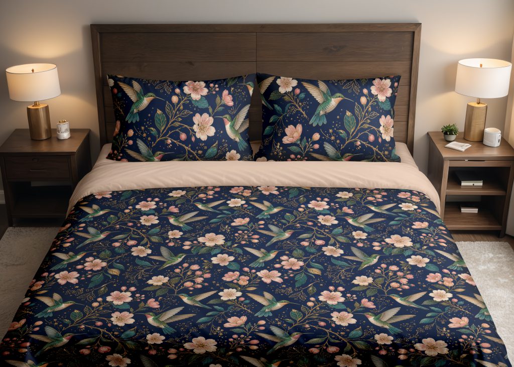 Midnight Hummingbird Blossom Bedding Set
