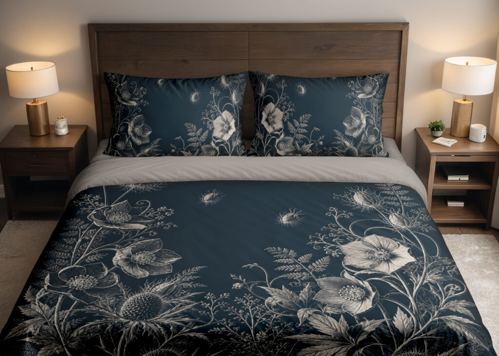 Front close view of deep teal bedding with fine ivory line drawings of open flowers, spiky seed heads, fern-like leaves and tiny floating seeds on the cover and matching pillows.