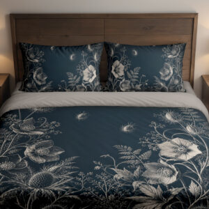 Front close view of deep teal bedding with fine ivory line drawings of open flowers, spiky seed heads, fern-like leaves and tiny floating seeds on the cover and matching pillows.