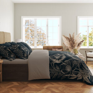 Side view of deep teal bedding with fine ivory line drawings of open flowers, spiky seed heads, fern-like leaves and tiny floating seeds, showing the print across the draped cover.