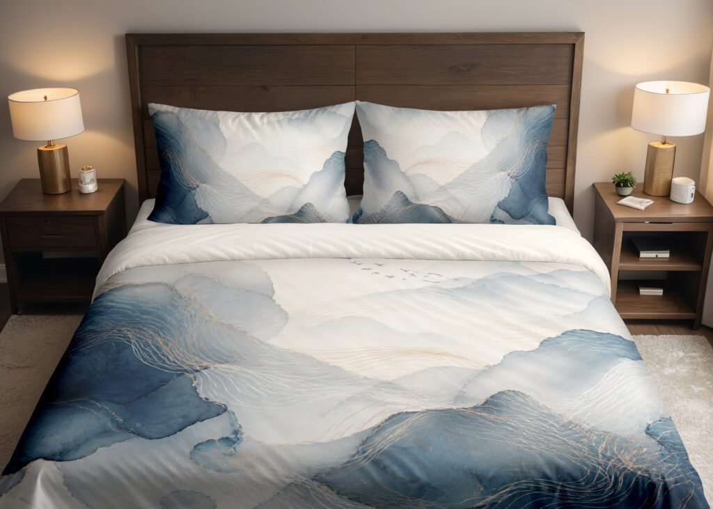 Front close view of bedding printed with layered misty blue and gray watercolor contours, fine pale lines and an open ivory center on the cover and matching pillows.