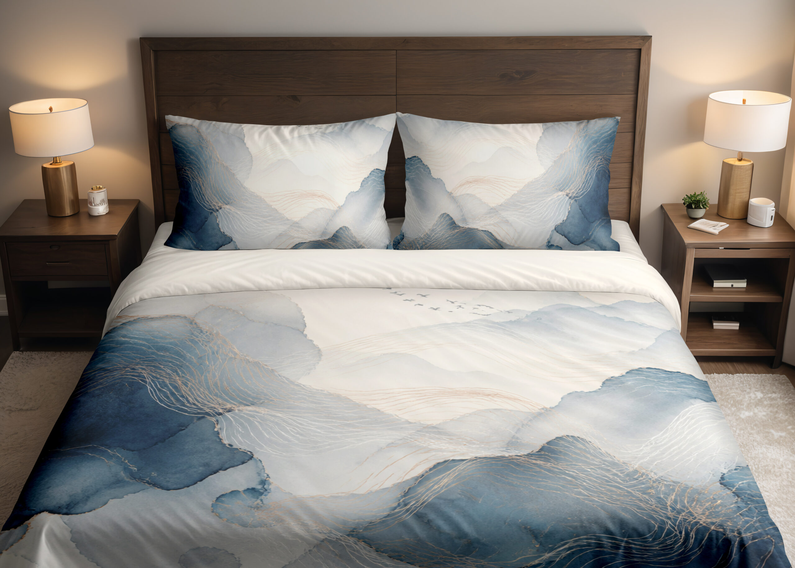 Front close view of bedding printed with layered misty blue and gray watercolor contours, fine pale lines and an open ivory center on the cover and matching pillows.