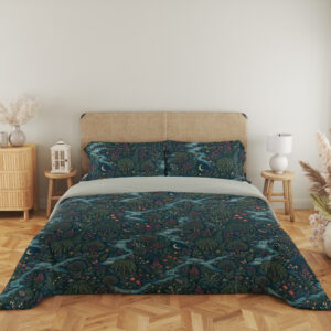 Full front view of deep teal bedding printed with winding pale blue streams, dense green foliage, tiny red flowers and crescent moons beneath a beige headboard.
