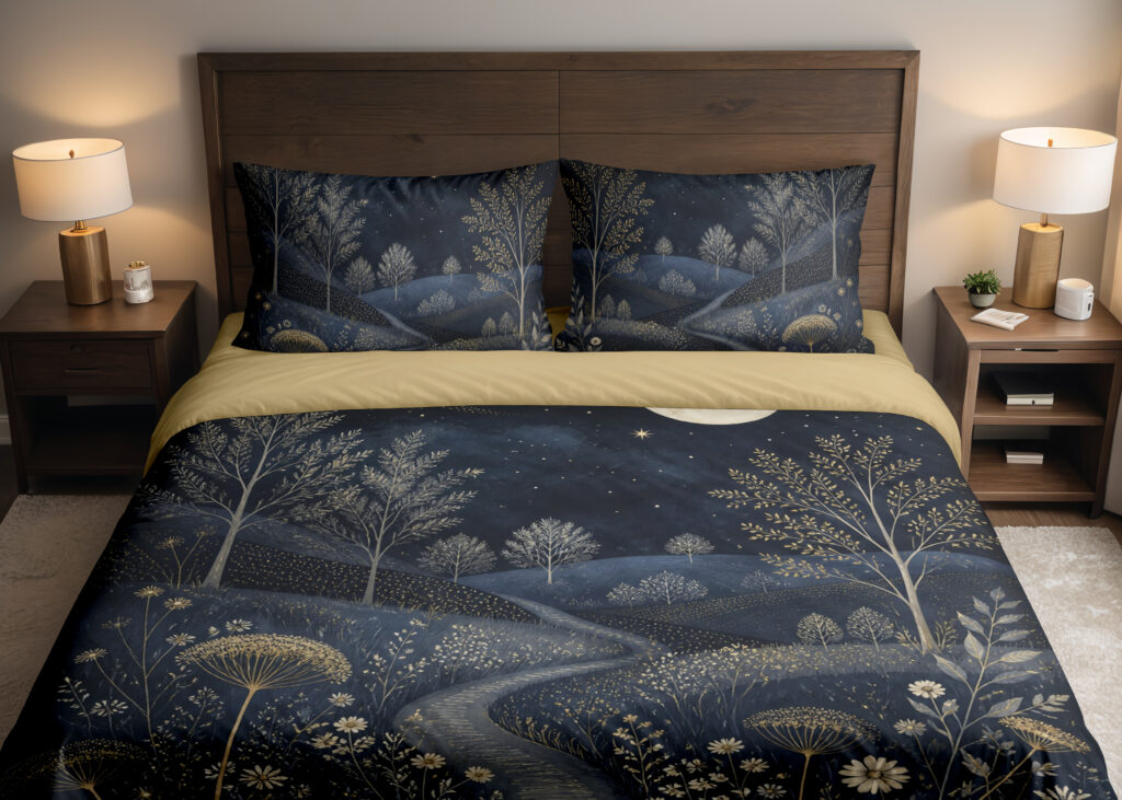 Front close view of navy bedding printed with a winding pale stream through meadow hills, fine trees and cream daisy and umbel flowers on the cover and matching pillows.