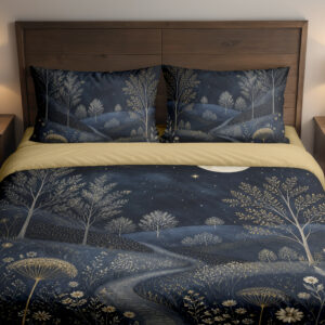 Front close view of navy bedding printed with a winding pale stream through meadow hills, fine trees and cream daisy and umbel flowers on the cover and matching pillows.