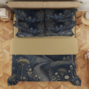 Overhead view of navy bedding printed with a winding pale stream through meadow hills, fine trees and cream daisy and umbel flowers, with the design repeated on the pillows.