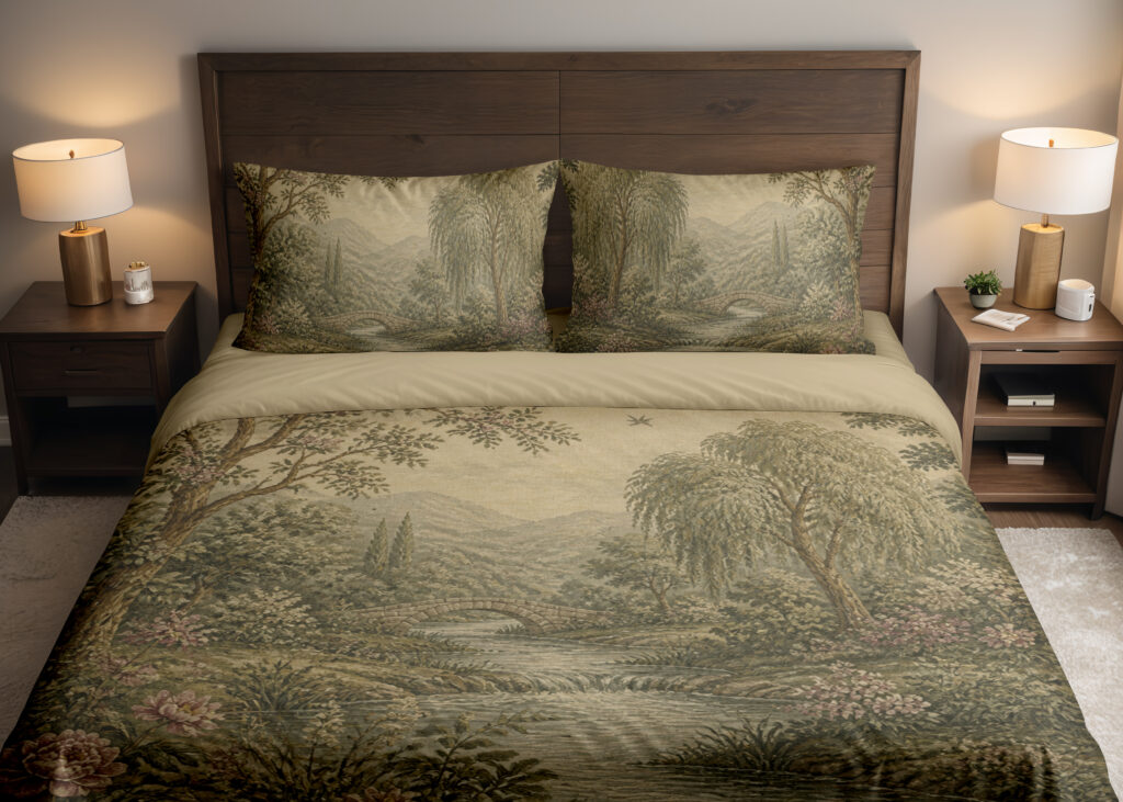 Front close view of muted sage-and-cream bedding with a wooded river landscape, layered trees, distant hills and small pink flowers along the banks on the cover and matching pillows.