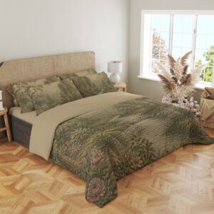 Angled full-bed view of muted sage-and-cream bedding with a wooded river landscape, layered trees, distant hills and small pink flowers along the banks, showing the pattern across the cover and pillows.