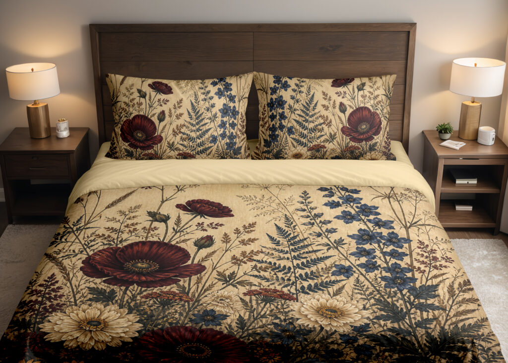 Front close view of parchment-cream bedding with burgundy poppies, ivory daisies, tall indigo flowers and fine fern fronds on the cover and matching pillows.