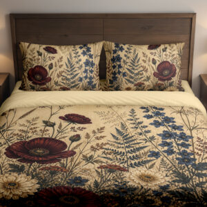 Front close view of parchment-cream bedding with burgundy poppies, ivory daisies, tall indigo flowers and fine fern fronds on the cover and matching pillows.
