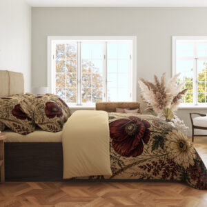 Side view of parchment-cream bedding with burgundy poppies, ivory daisies, tall indigo flowers and fine fern fronds, showing the print across the draped cover.