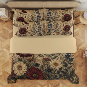 Overhead view of parchment-cream bedding with burgundy poppies, ivory daisies, tall indigo flowers and fine fern fronds, with the design repeated on the pillows.