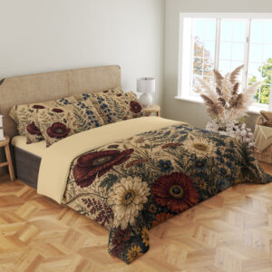 Angled full-bed view of parchment-cream bedding with burgundy poppies, ivory daisies, tall indigo flowers and fine fern fronds, showing the pattern across the cover and pillows.