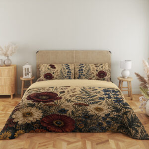 Full front view of parchment-cream bedding with burgundy poppies, ivory daisies, tall indigo flowers and fine fern fronds beneath a beige headboard.