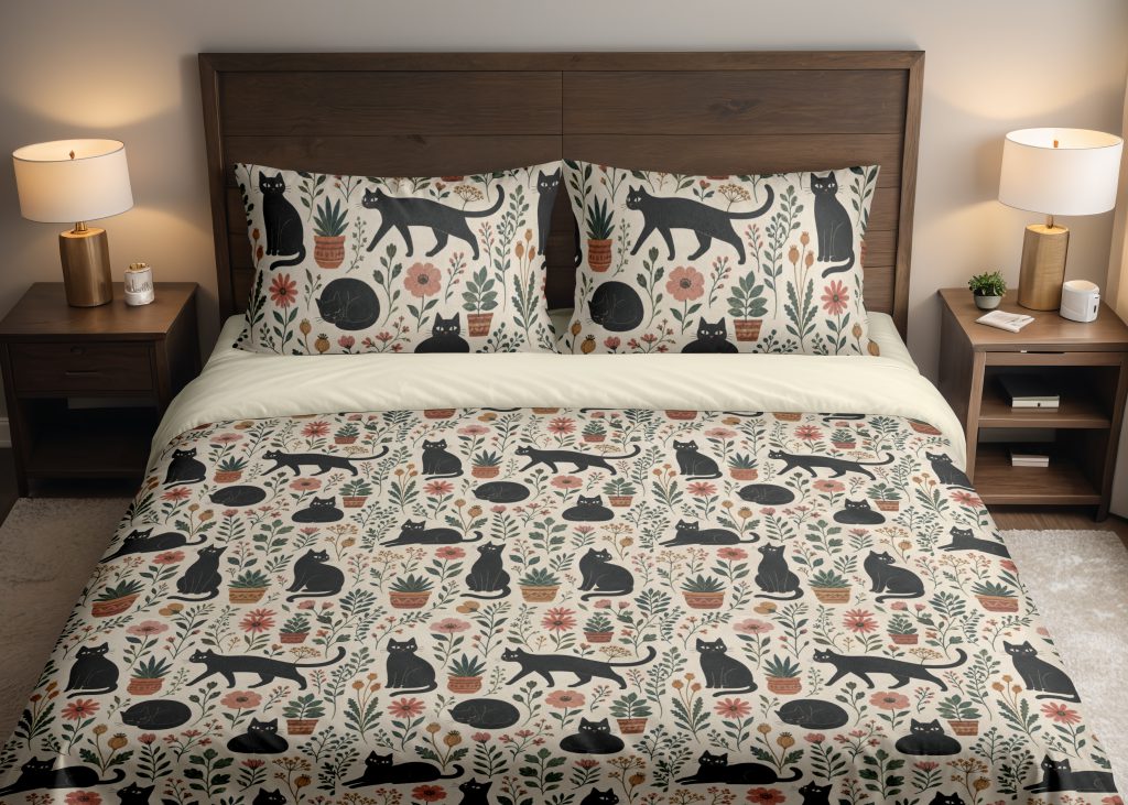 Oatmeal Black Cat Herbarium Bedding Set