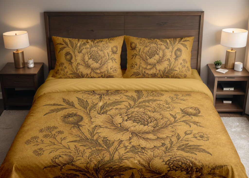 Front close view of ochre bedding with detailed sepia peonies, layered petals, rounded buds and slender leafy stems on the cover and matching pillows.