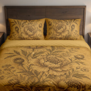 Front close view of ochre bedding with detailed sepia peonies, layered petals, rounded buds and slender leafy stems on the cover and matching pillows.