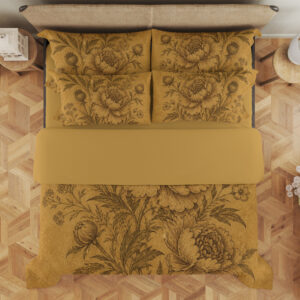 Overhead view of ochre bedding with detailed sepia peonies, layered petals, rounded buds and slender leafy stems, with the design repeated on the pillows.