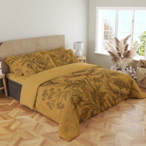 Angled full-bed view of ochre bedding with detailed sepia peonies, layered petals, rounded buds and slender leafy stems, showing the pattern across the cover and pillows.