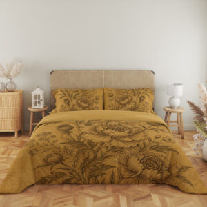 Full front view of ochre bedding with detailed sepia peonies, layered petals, rounded buds and slender leafy stems beneath a beige headboard.