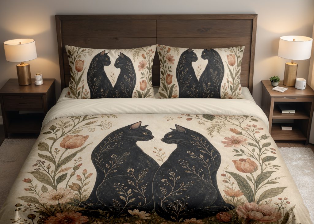 Parchment Floral Cat Pair Bedding Set