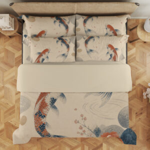 Overhead view of parchment bedding printed with rust-red and indigo koi, faint circular ripples, blue-gray circles and delicate flowering sprigs, with the design repeated on the pillows.