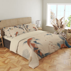 Angled full-bed view of parchment bedding printed with rust-red and indigo koi, faint circular ripples, blue-gray circles and delicate flowering sprigs, showing the pattern across the cover and pillows.