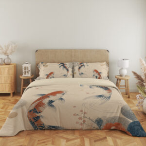 Full front view of parchment bedding printed with rust-red and indigo koi, faint circular ripples, blue-gray circles and delicate flowering sprigs beneath a beige headboard.