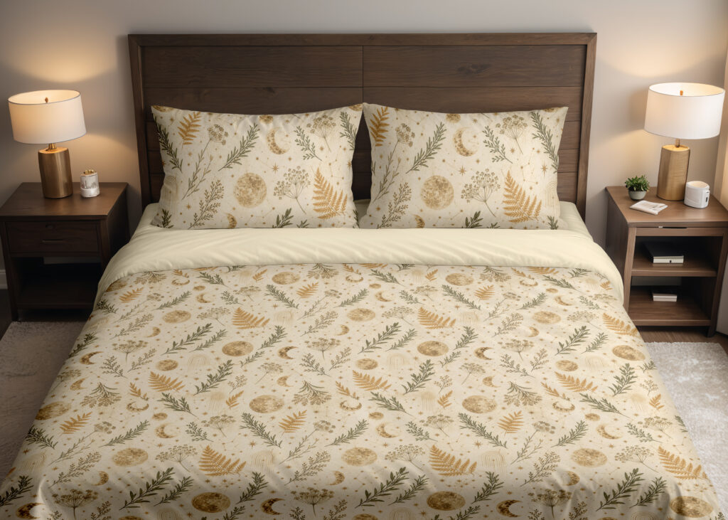 Front close view of ivory bedding with small ochre fern fronds, muted green leafy sprigs, pale flowers and tiny crescent moons on the cover and matching pillows.