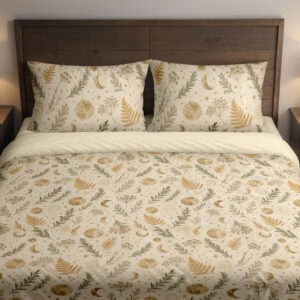Front close view of ivory bedding with small ochre fern fronds, muted green leafy sprigs, pale flowers and tiny crescent moons on the cover and matching pillows.
